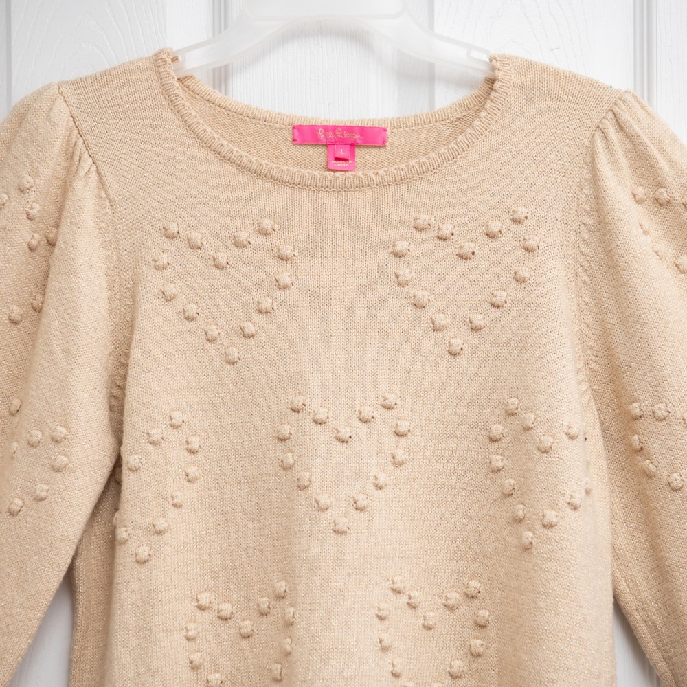 Lilly Pulitzer Sweater Gold Heart Bobble Knit Puff Sleeve Cropped Coquette Y2K - Picture 2 of 6